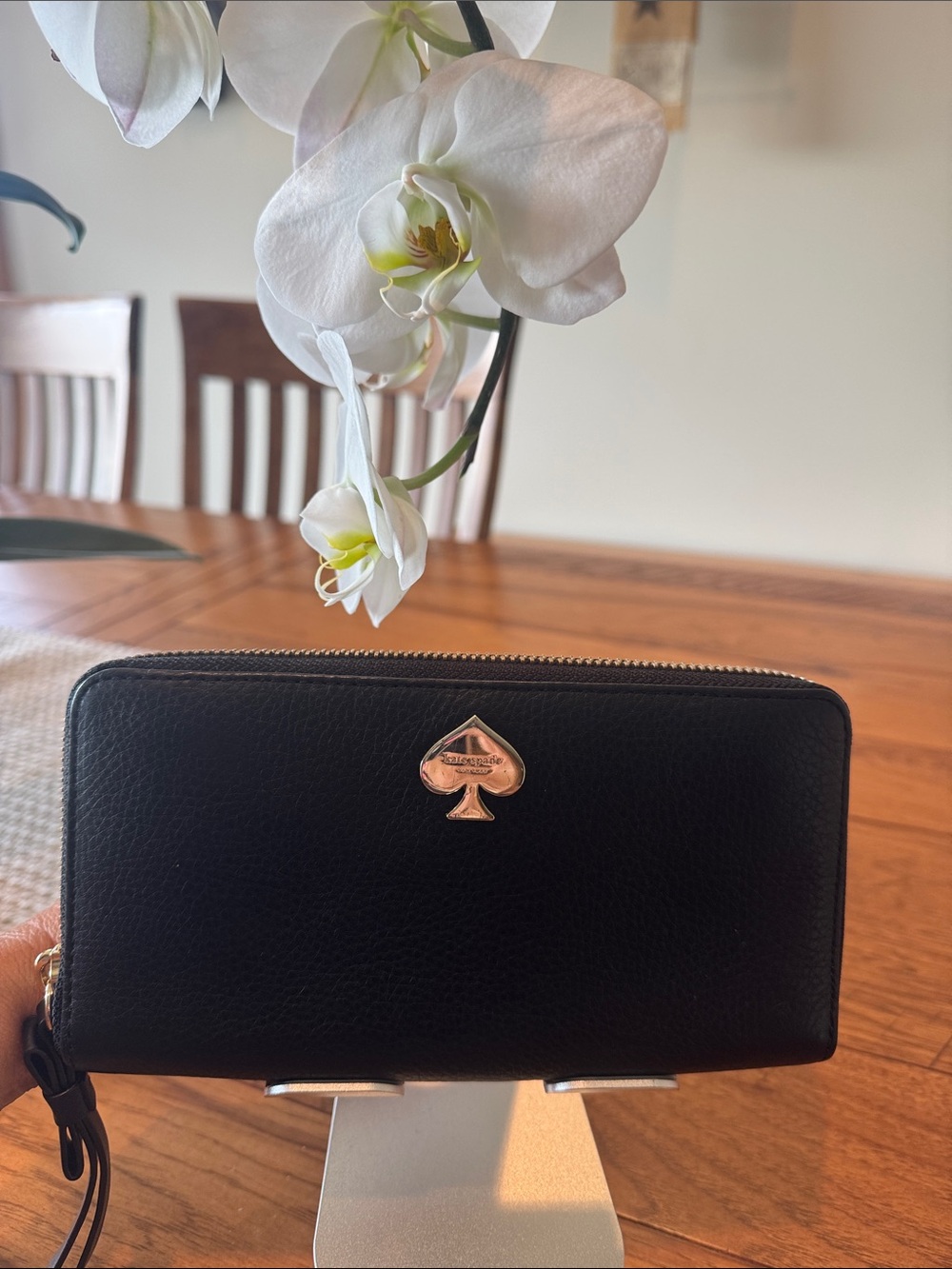 Kate Spade Black Pebbled Leather Zip-Around Wallet with Gold Spade Logo